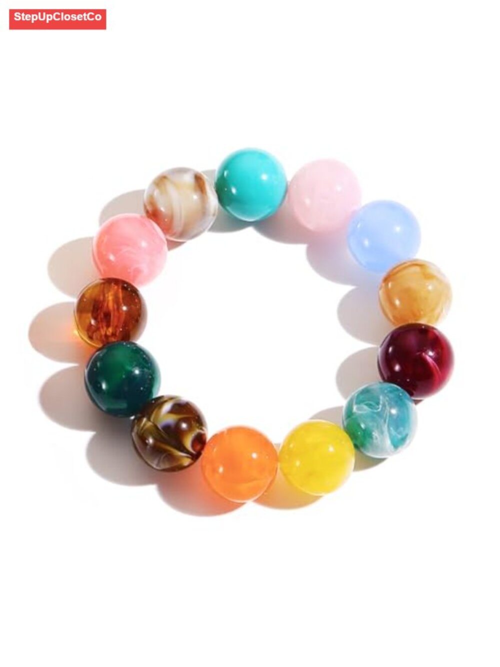 Chunky Resin Bead Bracelet Boho Stretch with Heart Charm